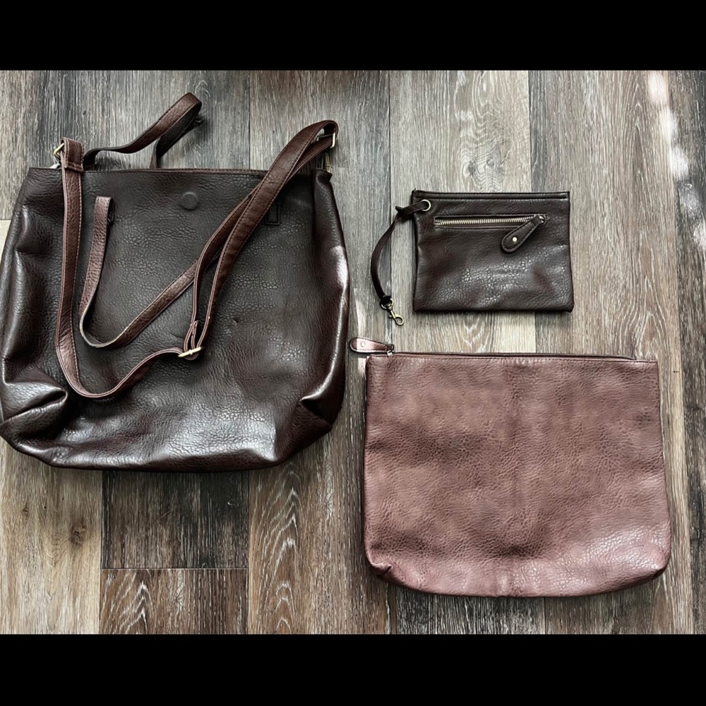 Free People 3pc Brown Leather Reversible Tote